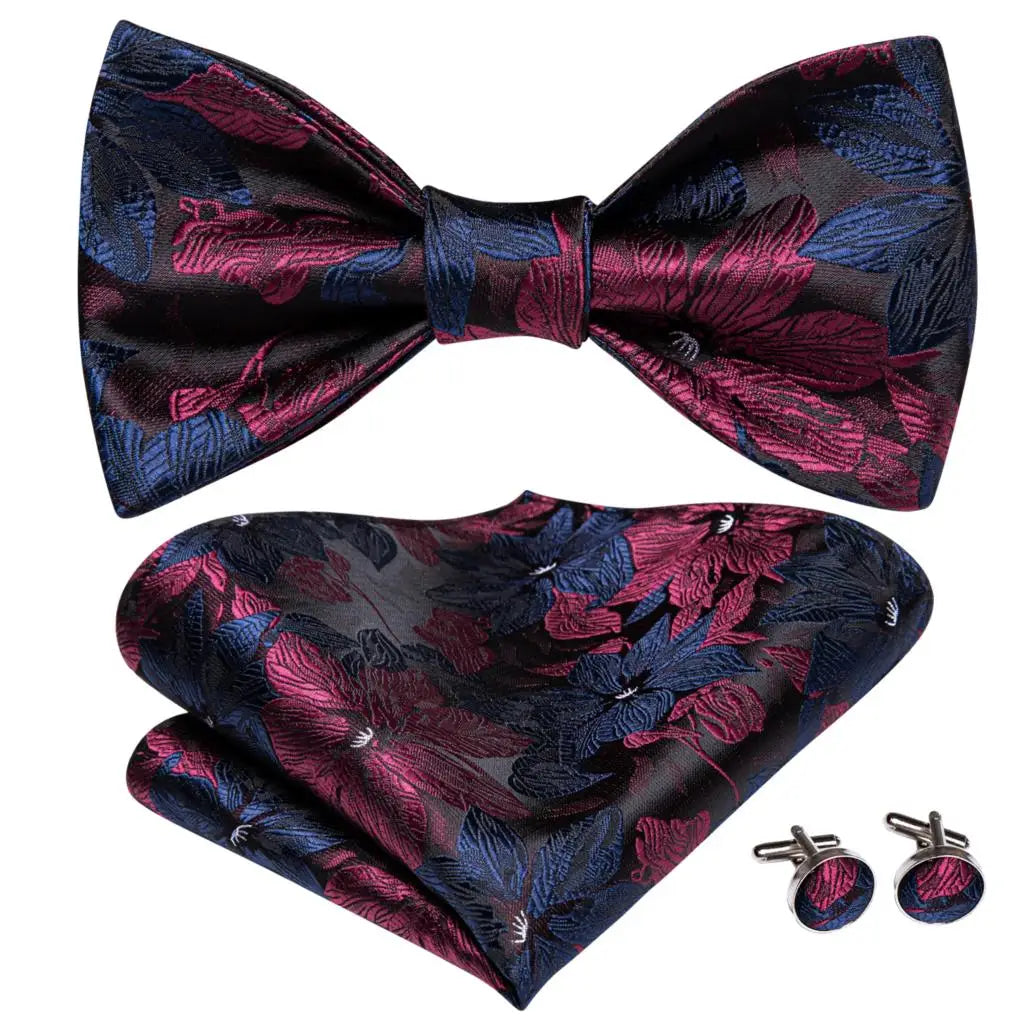 Hi-Tie - Juego de gemelos y pañuelo de seda para hombre, diseño de lazo, en azul, rojo, dorado, negro y blanco, con nudo de mariposa en jacquard para boda y negocios