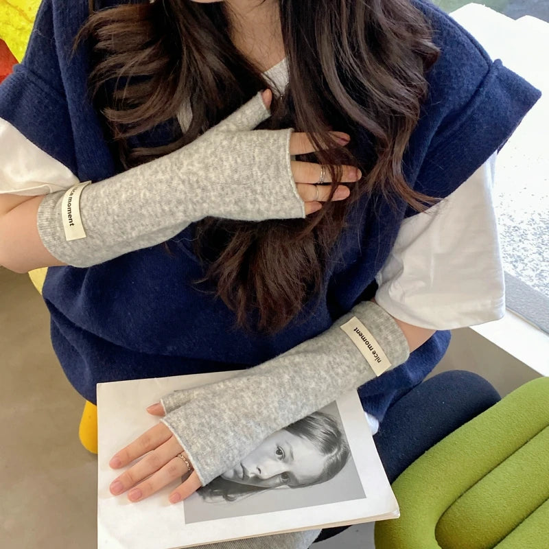 Mitaines tricotées style coréen pour femmes, avec inscription « lettres », sans doigts, style Harajuku, couleur unie