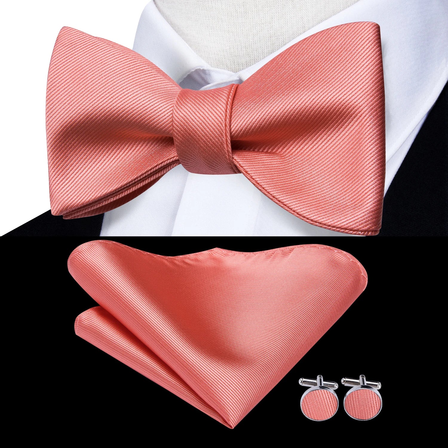 Hi-Tie - Juego de gemelos y pañuelo de seda para hombre, diseño de lazo, en azul, rojo, dorado, negro y blanco, con nudo de mariposa en jacquard para boda y negocios