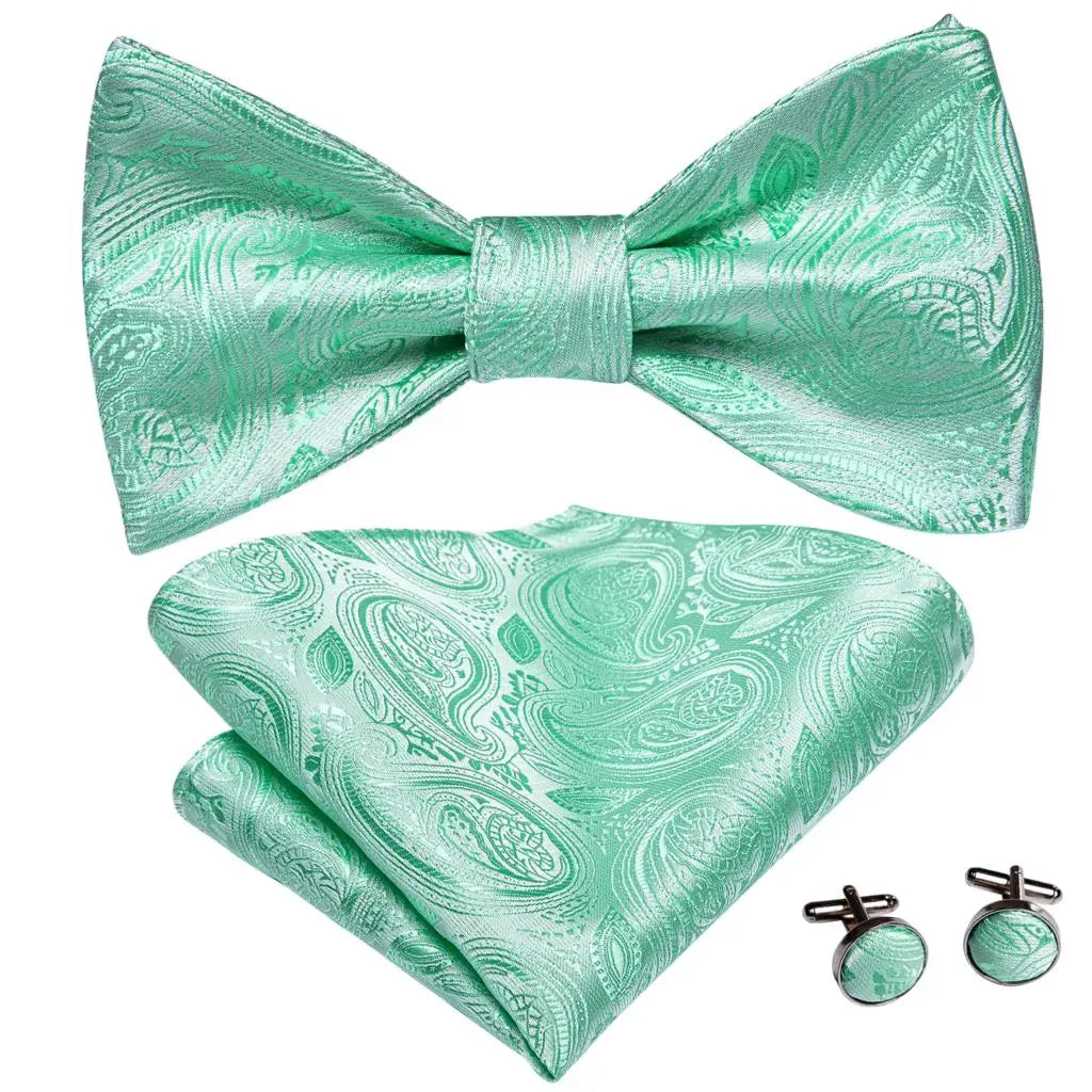 Hi-Tie - Juego de gemelos y pañuelo de seda para hombre, diseño de lazo, en azul, rojo, dorado, negro y blanco, con nudo de mariposa en jacquard para boda y negocios