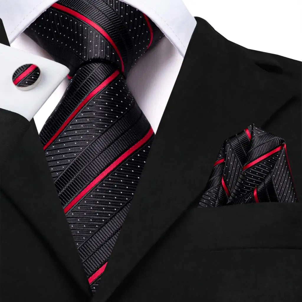 Corbata de boda de seda a rayas negras y rojas para hombre, gemelos de regalo, corbata de moda para negocios y fiestas, envío directo, diseño Hi-Tie