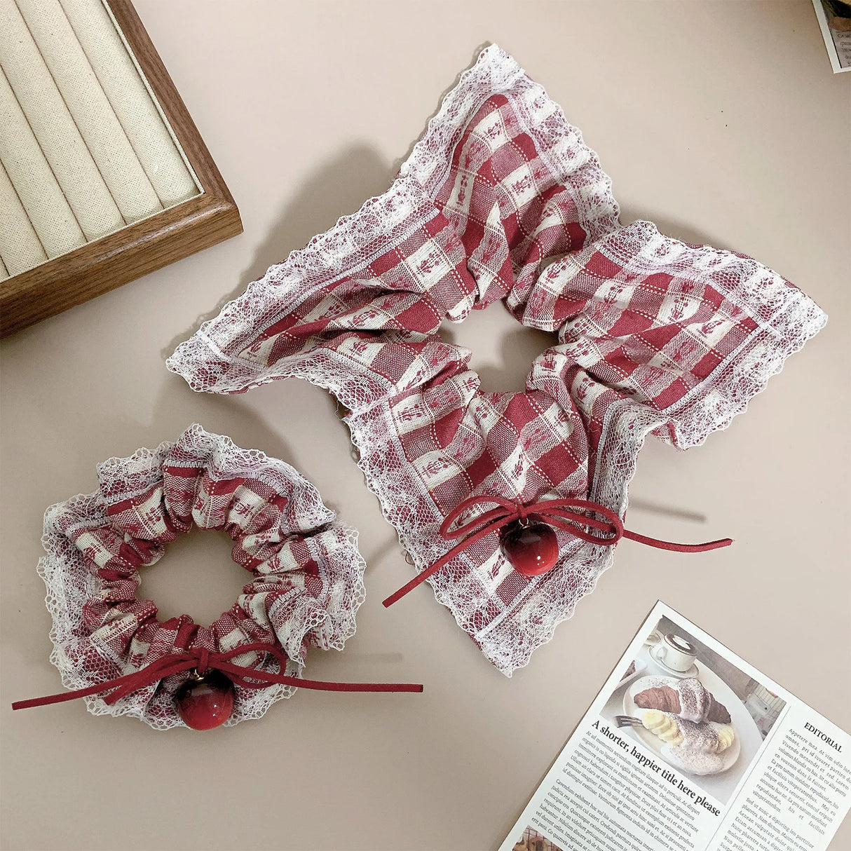 Large intestine headbands cherry hair tie square side ponytail headband red checkered hair accessory for women