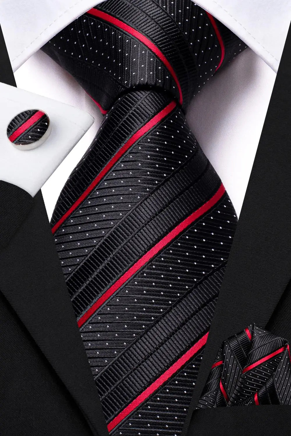 Corbata de boda de seda a rayas negras y rojas para hombre, gemelos de regalo, corbata de moda para negocios y fiestas, envío directo, diseño Hi-Tie