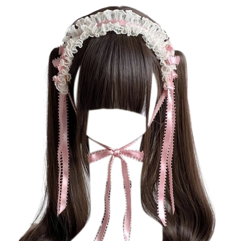 Gothic Headbands for Women Subculture Headband Gothic Bow White Headwear Cosplay Maid Flouncing Photo Props