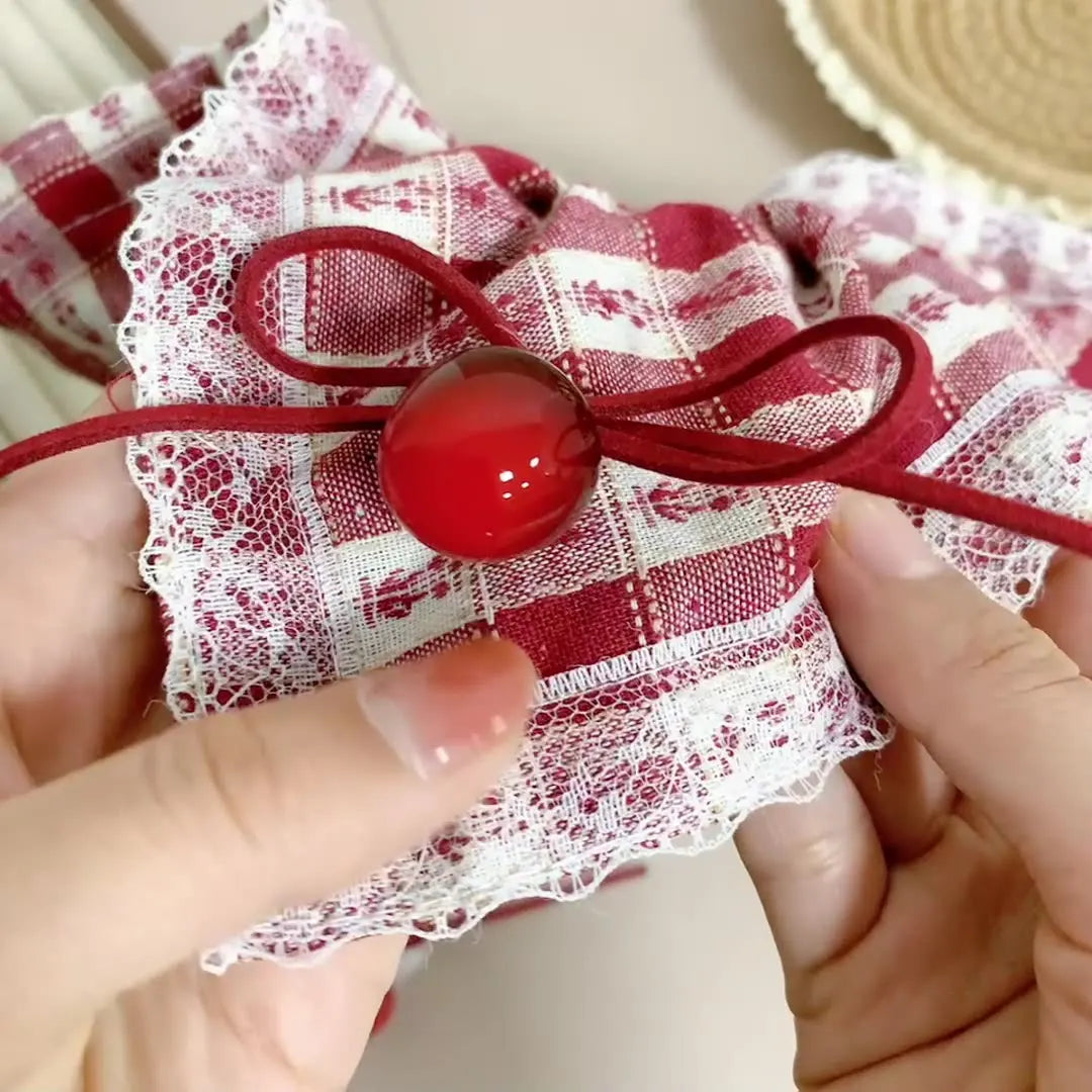 Large intestine headbands cherry hair tie square side ponytail headband red checkered hair accessory for women