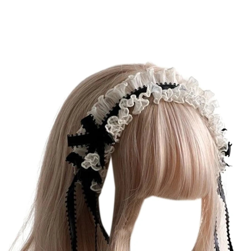 Gothic Headbands for Women Subculture Headband Gothic Bow White Headwear Cosplay Maid Flouncing Photo Props