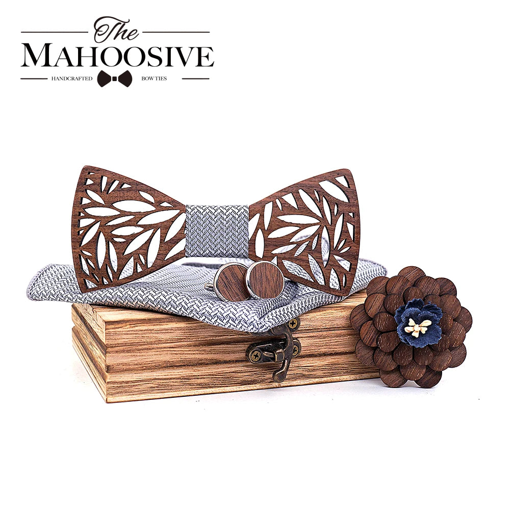 Conjunto de pajarita de madera y pañuelo para hombre, pajarita a cuadros de madera hueca tallada con diseño floral recortado y caja, corbatas novedosas de moda para hombre.