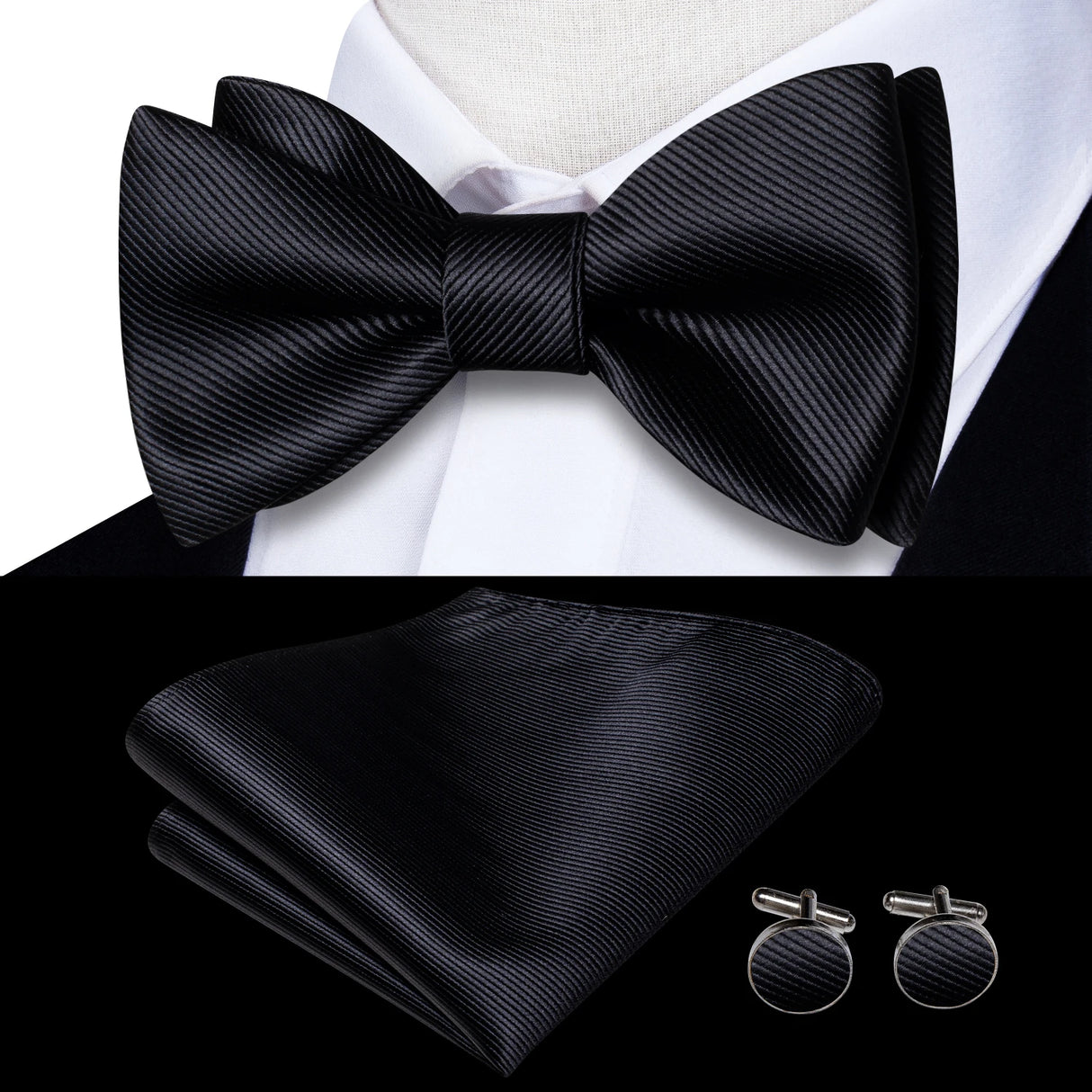Hi-Tie - Juego de gemelos y pañuelo de seda para hombre, diseño de lazo, en azul, rojo, dorado, negro y blanco, con nudo de mariposa en jacquard para boda y negocios