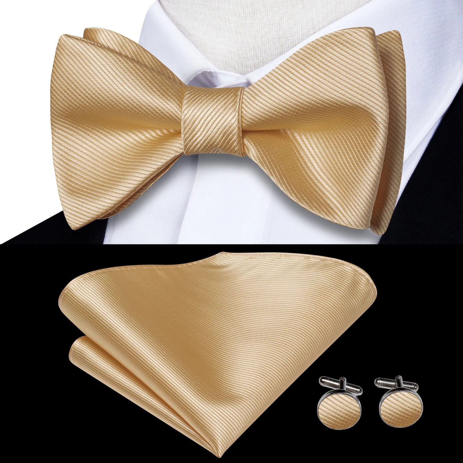 Hi-Tie - Juego de gemelos y pañuelo de seda para hombre, diseño de lazo, en azul, rojo, dorado, negro y blanco, con nudo de mariposa en jacquard para boda y negocios