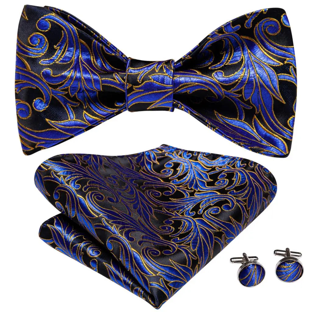 Hi-Tie - Juego de gemelos y pañuelo de seda para hombre, diseño de lazo, en azul, rojo, dorado, negro y blanco, con nudo de mariposa en jacquard para boda y negocios