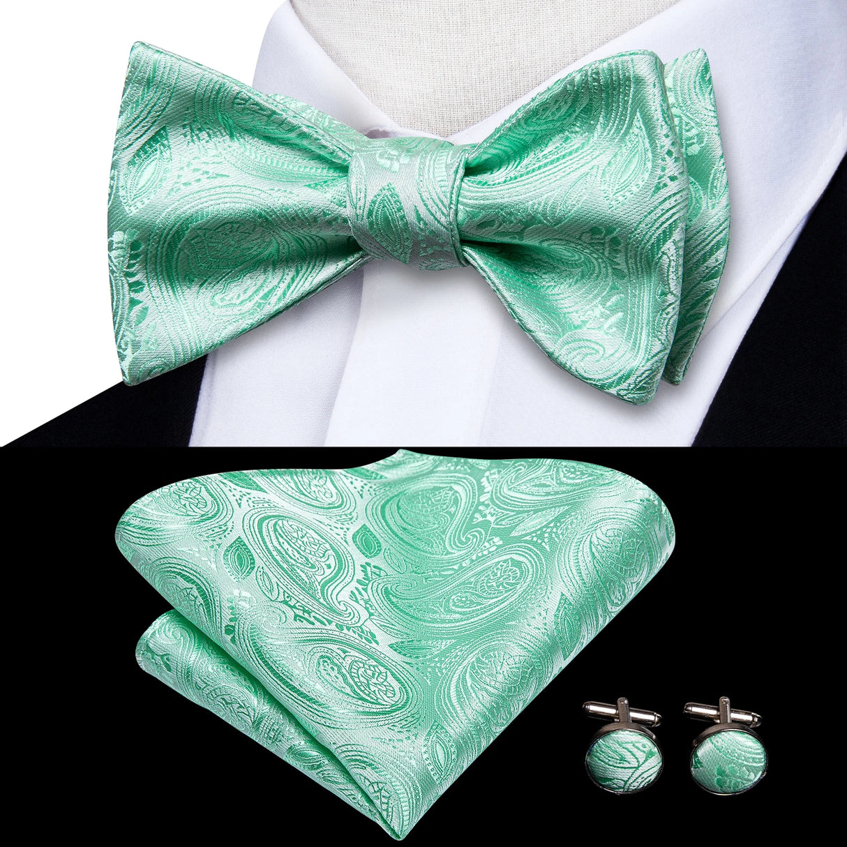 Hi-Tie - Juego de gemelos y pañuelo de seda para hombre, diseño de lazo, en azul, rojo, dorado, negro y blanco, con nudo de mariposa en jacquard para boda y negocios
