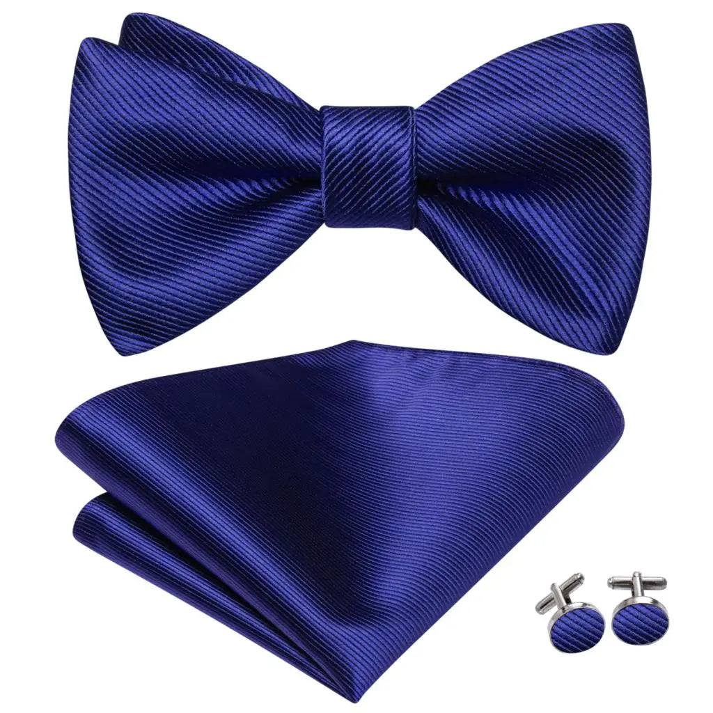 Hi-Tie - Juego de gemelos y pañuelo de seda para hombre, diseño de lazo, en azul, rojo, dorado, negro y blanco, con nudo de mariposa en jacquard para boda y negocios