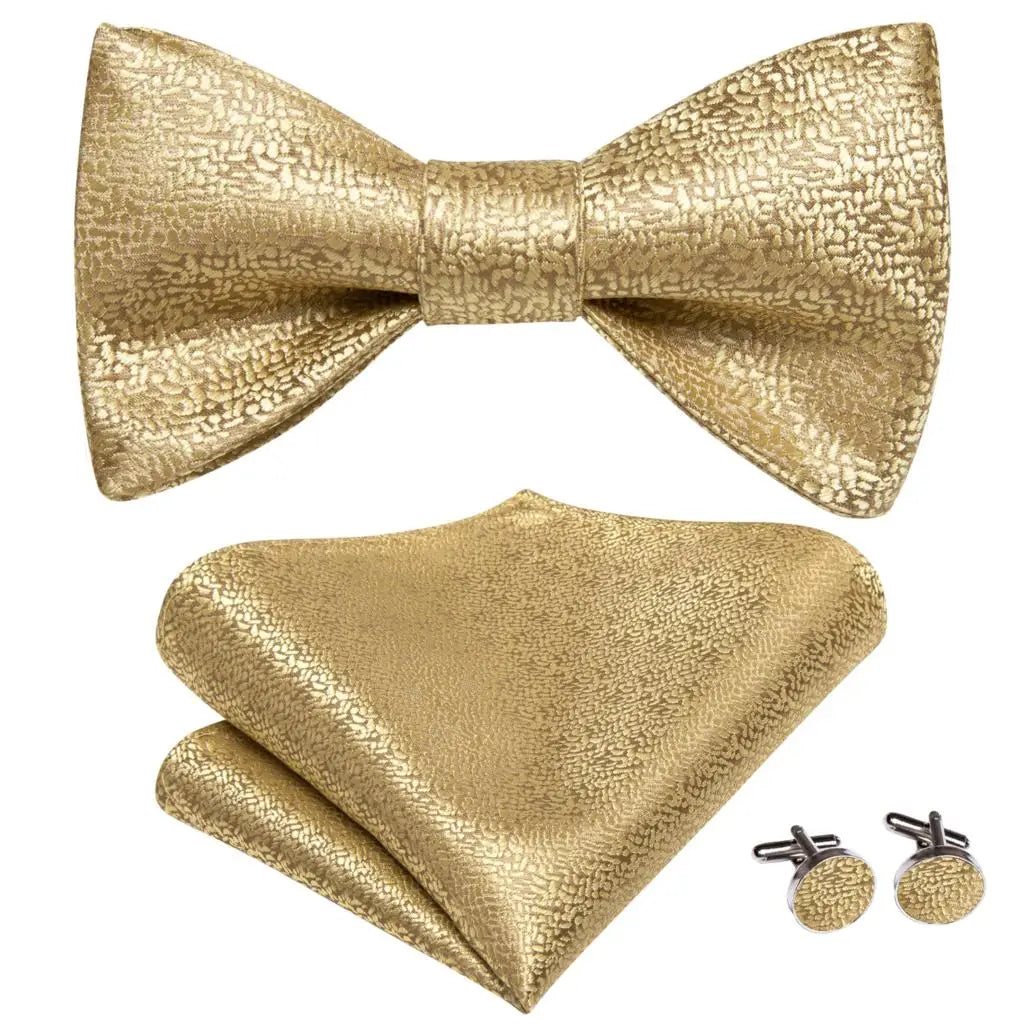 Hi-Tie - Juego de gemelos y pañuelo de seda para hombre, diseño de lazo, en azul, rojo, dorado, negro y blanco, con nudo de mariposa en jacquard para boda y negocios