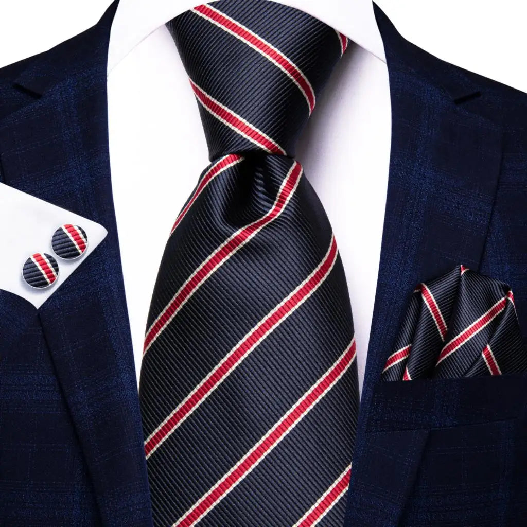 Corbata de boda de seda a rayas negras y rojas para hombre, gemelos de regalo, corbata de moda para negocios y fiestas, envío directo, diseño Hi-Tie