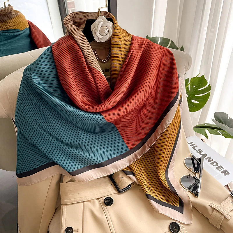 Châle de voyage carré en soie imitation patchwork imprimé couleur pour femme, 110 cm, doux, hijab musulman