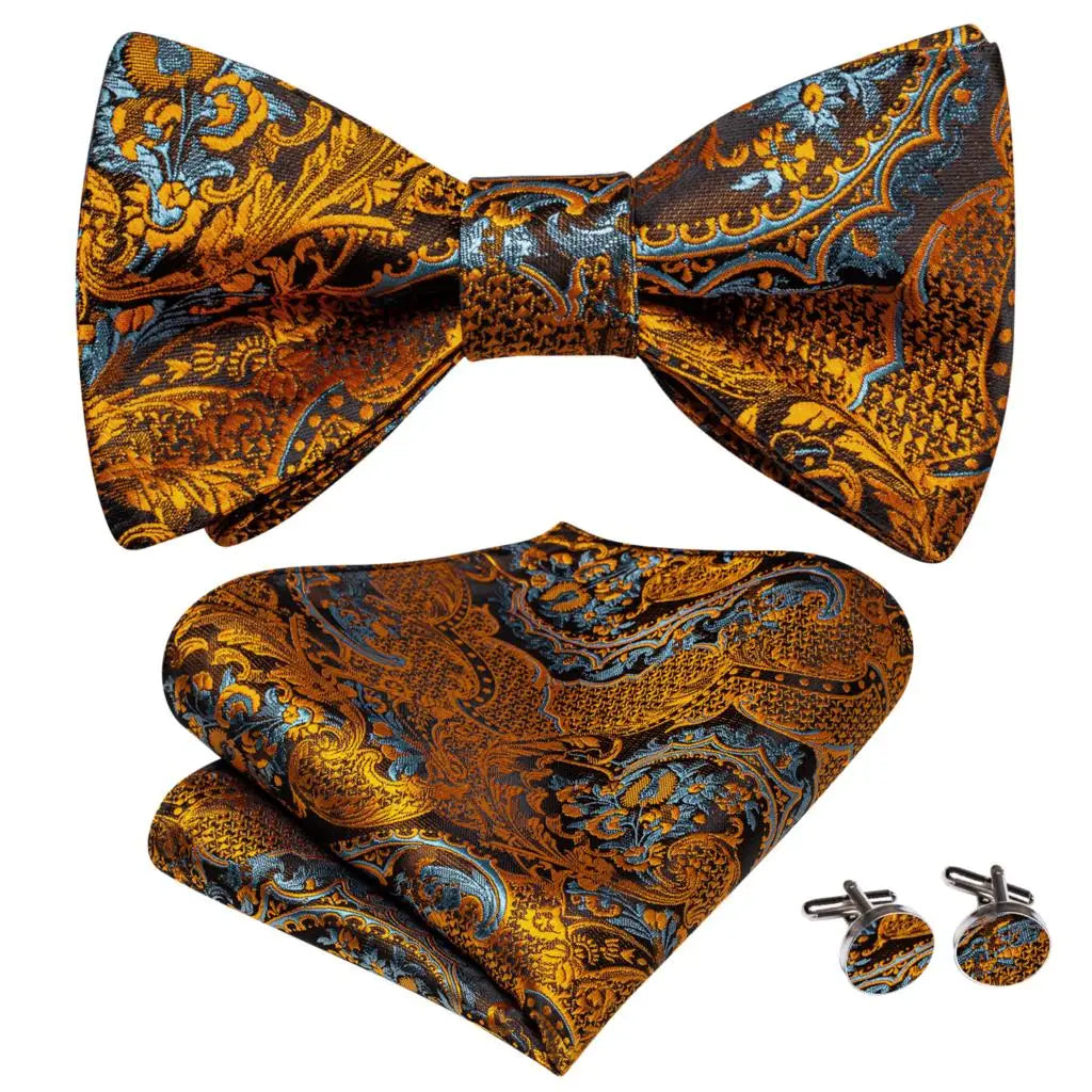 Hi-Tie - Juego de gemelos y pañuelo de seda para hombre, diseño de lazo, en azul, rojo, dorado, negro y blanco, con nudo de mariposa en jacquard para boda y negocios