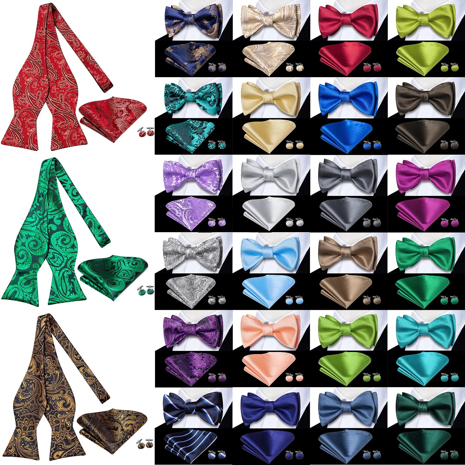 Hi-Tie - Juego de gemelos y pañuelo de seda para hombre, diseño de lazo, en azul, rojo, dorado, negro y blanco, con nudo de mariposa en jacquard para boda y negocios