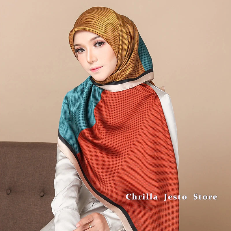 Châle de voyage carré en soie imitation patchwork imprimé couleur pour femme, 110 cm, doux, hijab musulman