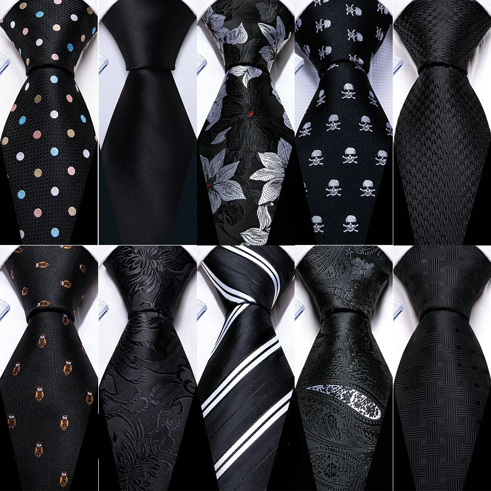Corbatas de seda negras para hombre, clásicas, lisas, de alta calidad, tejidas, de bolsillo, con gemelos, para fiestas, formales, de diseño Barry.Wang