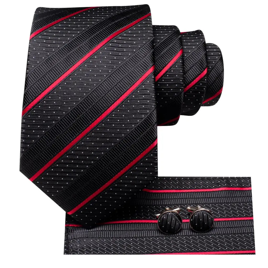 Corbata de boda de seda a rayas negras y rojas para hombre, gemelos de regalo, corbata de moda para negocios y fiestas, envío directo, diseño Hi-Tie