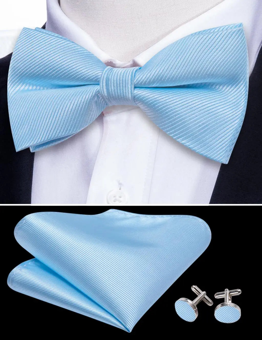 Barry.Wang Navy Royal Sky Blue Silk Mens Bow Tie Jacquard Paisley Floral Pre-Tied Bowtie Hanky Cufflinks Set Wedding Business
