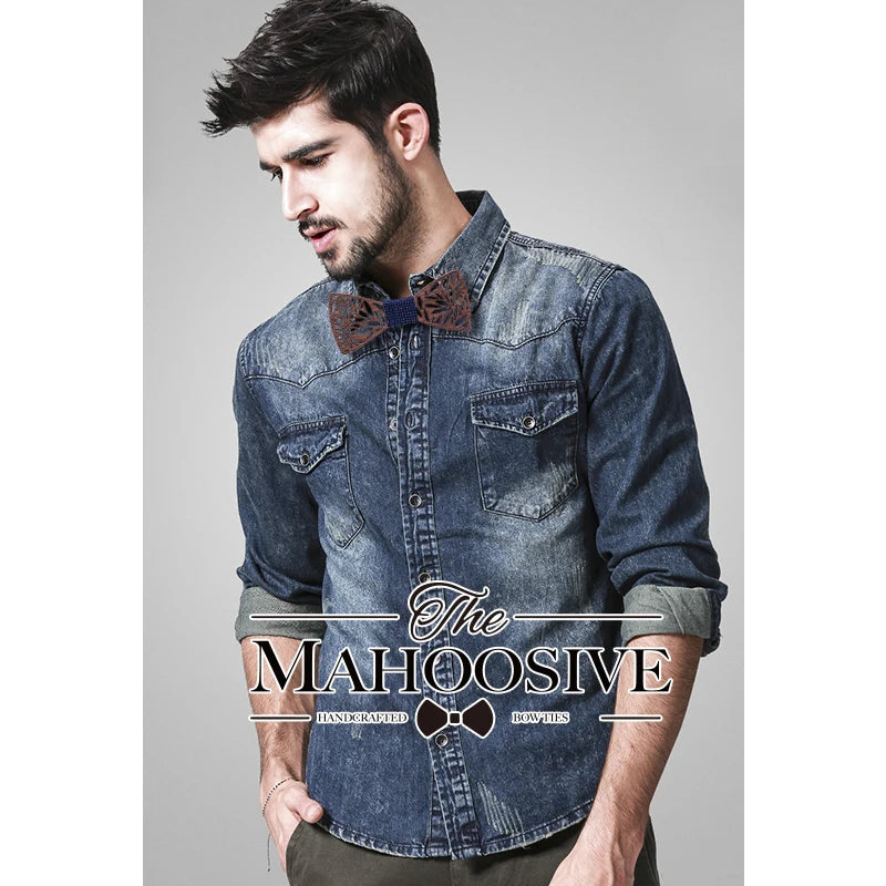 Conjunto de pajarita de madera y pañuelo para hombre, pajarita a cuadros de madera hueca tallada con diseño floral recortado y caja, corbatas novedosas de moda para hombre.