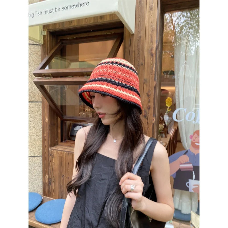 Chapeau de pêcheur coréen tricoté fin fait main, style bob à rayures, souple et polyvalent, idéal pour les voyages et le soleil, collection printemps et été