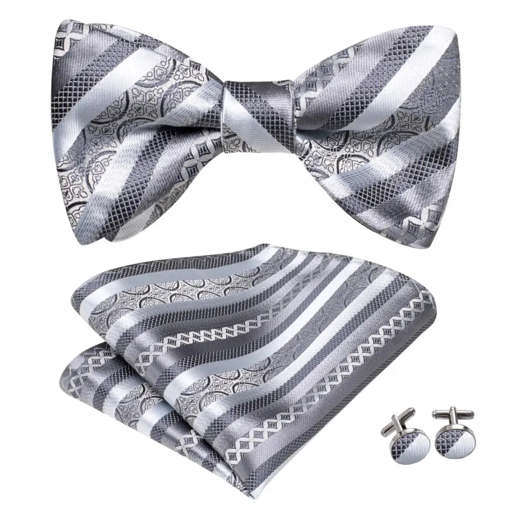 Hi-Tie - Juego de gemelos y pañuelo de seda para hombre, diseño de lazo, en azul, rojo, dorado, negro y blanco, con nudo de mariposa en jacquard para boda y negocios