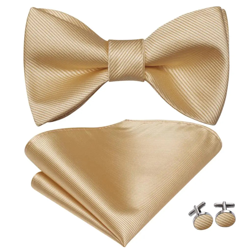 Hi-Tie - Juego de gemelos y pañuelo de seda para hombre, diseño de lazo, en azul, rojo, dorado, negro y blanco, con nudo de mariposa en jacquard para boda y negocios