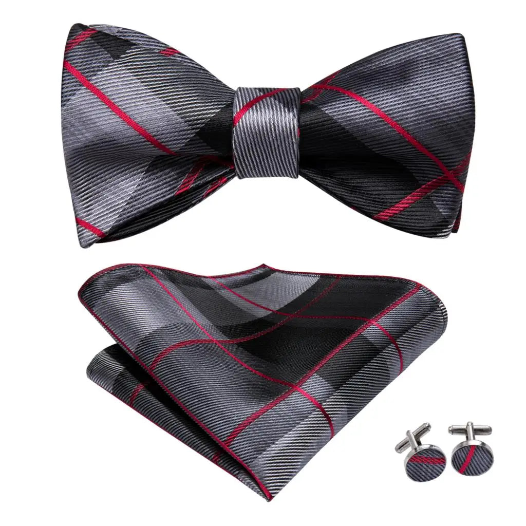Hi-Tie - Juego de gemelos y pañuelo de seda para hombre, diseño de lazo, en azul, rojo, dorado, negro y blanco, con nudo de mariposa en jacquard para boda y negocios