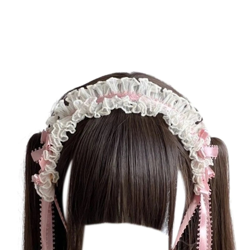 Gothic Headbands for Women Subculture Headband Gothic Bow White Headwear Cosplay Maid Flouncing Photo Props