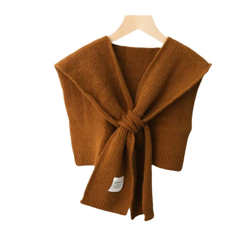 Chal de punto cálido de color puro coreano para invierno, blusa femenina con hombros descubiertos y cuello falso, bufanda anudada, protector de cuello para mujer