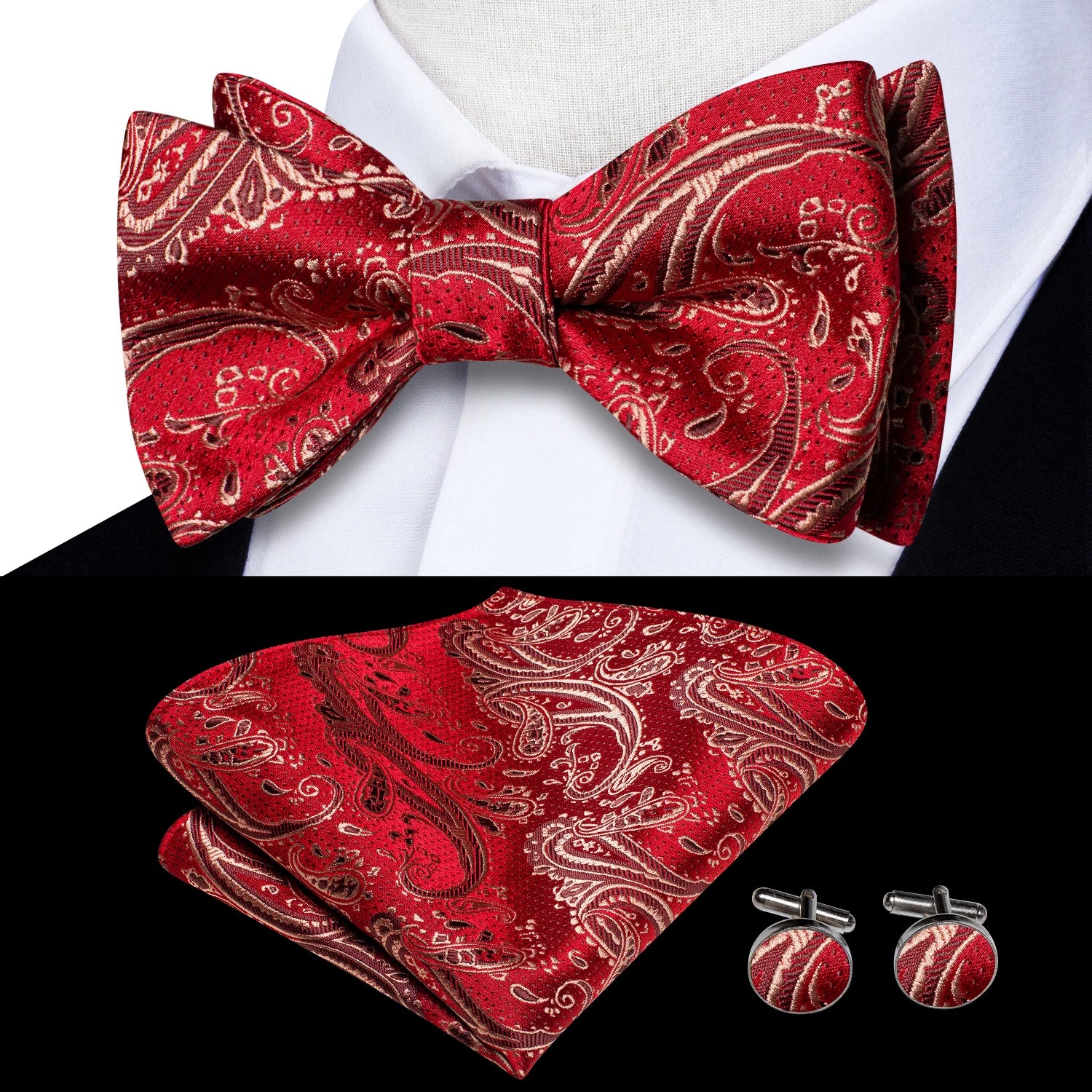 Hi-Tie - Juego de gemelos y pañuelo de seda para hombre, diseño de lazo, en azul, rojo, dorado, negro y blanco, con nudo de mariposa en jacquard para boda y negocios