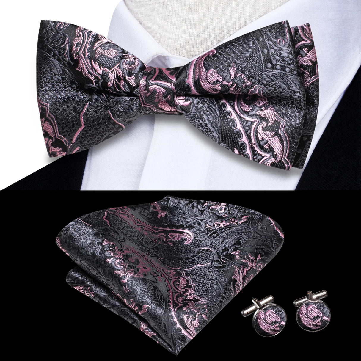 Hi-Tie Black White Silver Grey Brown Silk Mens Bow Tie Hankerchief Cufflinks Set Pre-tied Butterfly Knot Adjustable Bowtie Male
