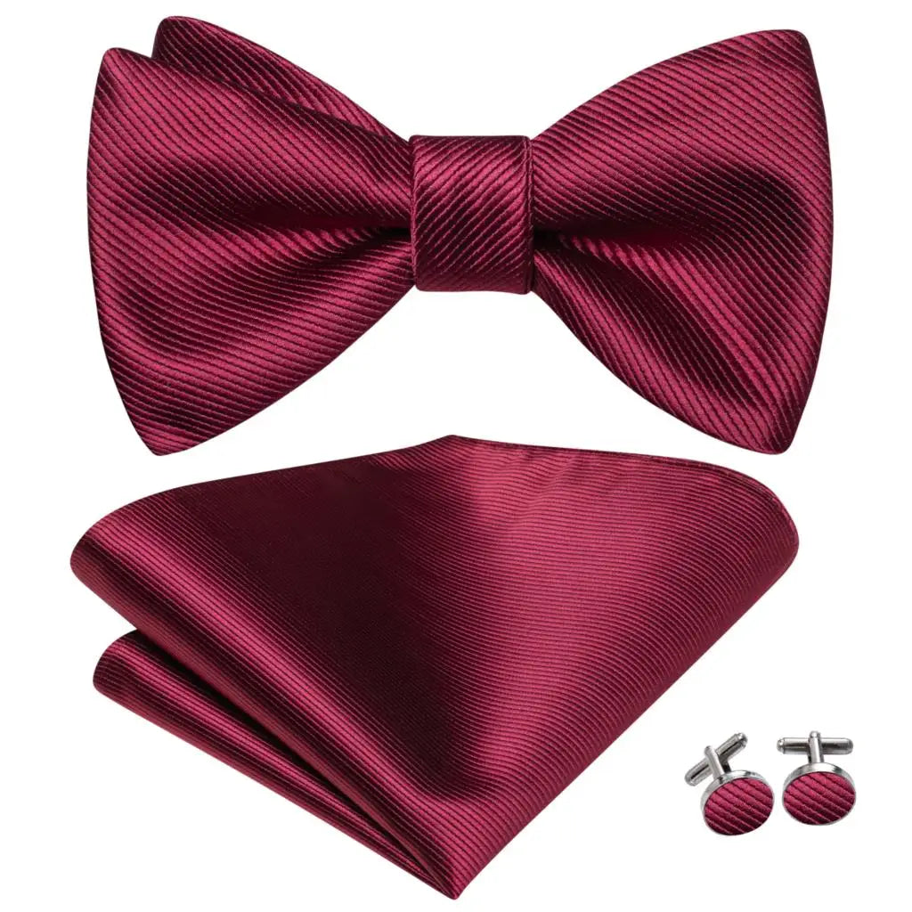 Hi-Tie - Juego de gemelos y pañuelo de seda para hombre, diseño de lazo, en azul, rojo, dorado, negro y blanco, con nudo de mariposa en jacquard para boda y negocios