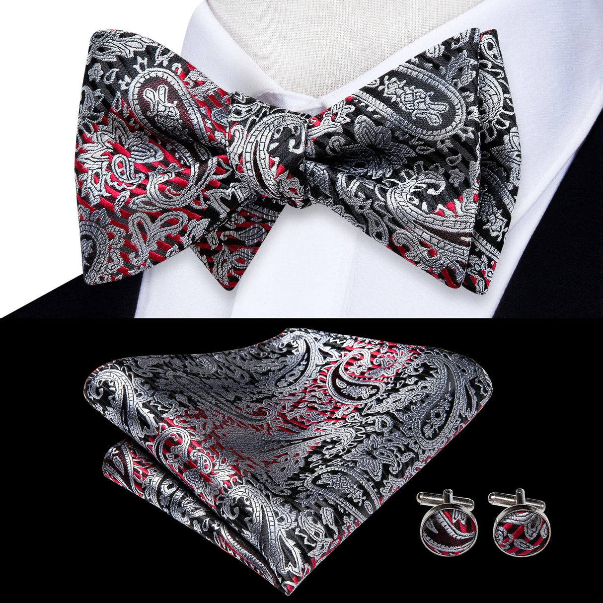 Hi-Tie - Juego de gemelos y pañuelo de seda para hombre, diseño de lazo, en azul, rojo, dorado, negro y blanco, con nudo de mariposa en jacquard para boda y negocios