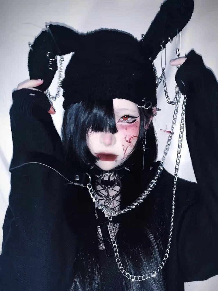 Gothic Grunge Hasenohrmütze Harajuku Y2k Punk Kettennadel Metallring Lammwolle Schwarze Mütze Damen Mädchen Winter Warm Chic Streetwear
