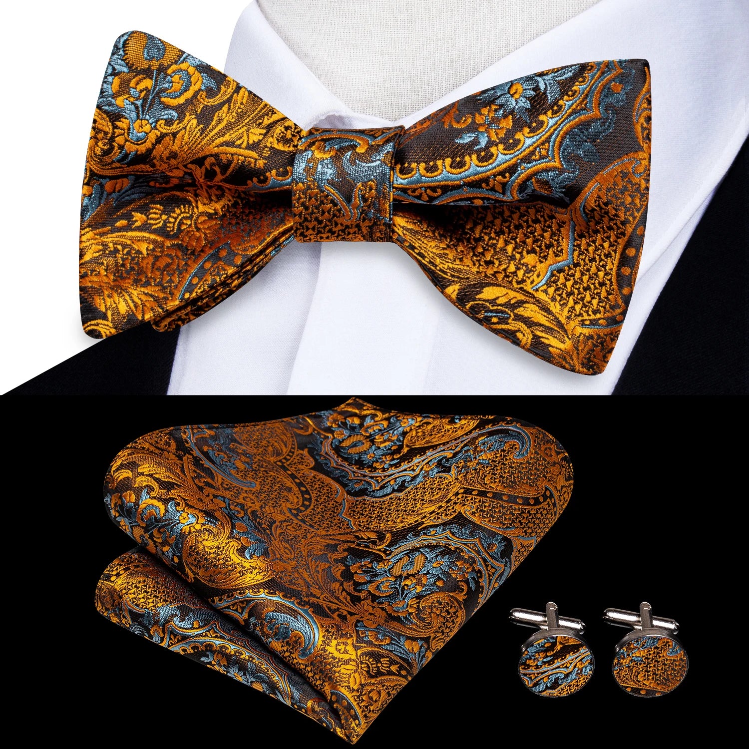 Hi-Tie - Juego de gemelos y pañuelo de seda para hombre, diseño de lazo, en azul, rojo, dorado, negro y blanco, con nudo de mariposa en jacquard para boda y negocios