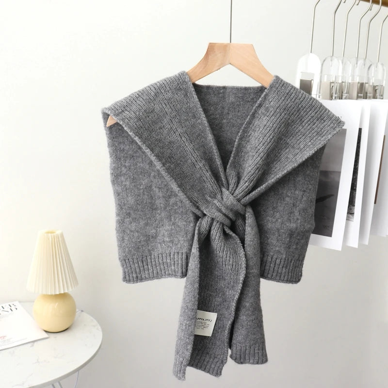Chal de punto cálido de color puro coreano para invierno, blusa femenina con hombros descubiertos y cuello falso, bufanda anudada, protector de cuello para mujer