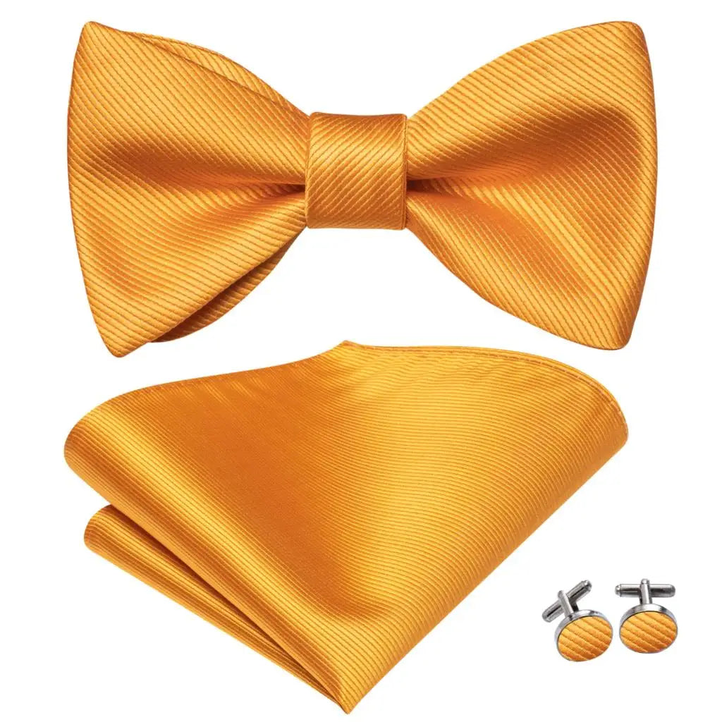 Hi-Tie - Juego de gemelos y pañuelo de seda para hombre, diseño de lazo, en azul, rojo, dorado, negro y blanco, con nudo de mariposa en jacquard para boda y negocios