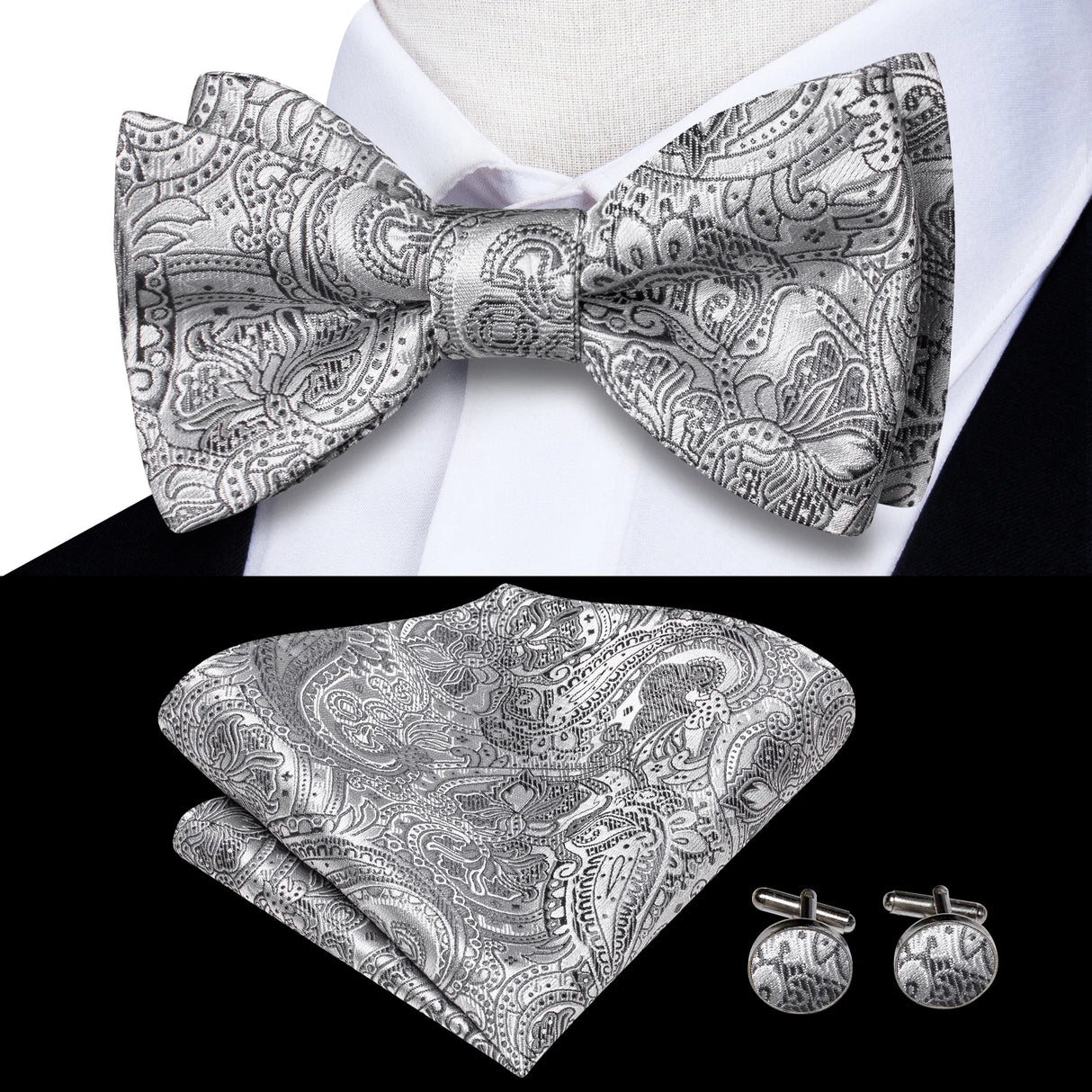 Hi-Tie - Juego de gemelos y pañuelo de seda para hombre, diseño de lazo, en azul, rojo, dorado, negro y blanco, con nudo de mariposa en jacquard para boda y negocios