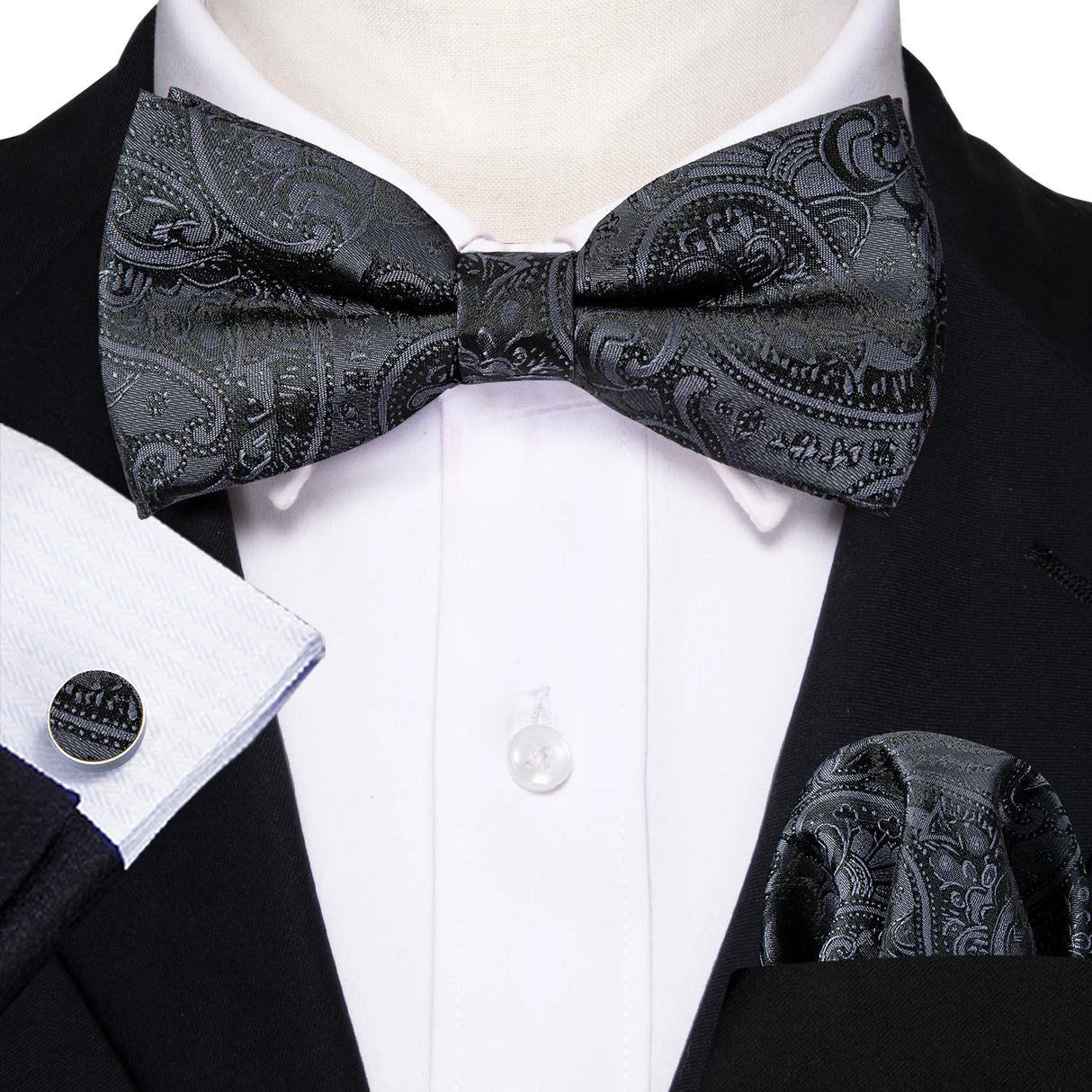 Barry.Wang Silk Mens Bow Tie White Green Pink Purple Jacquard Paisley Floral Pre-Tied Bowtie Hanky Cuffs Set Wedding Business