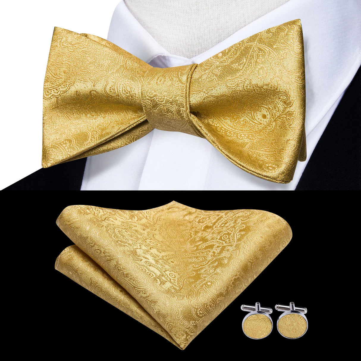 Hi-Tie - Juego de gemelos y pañuelo de seda para hombre, diseño de lazo, en azul, rojo, dorado, negro y blanco, con nudo de mariposa en jacquard para boda y negocios