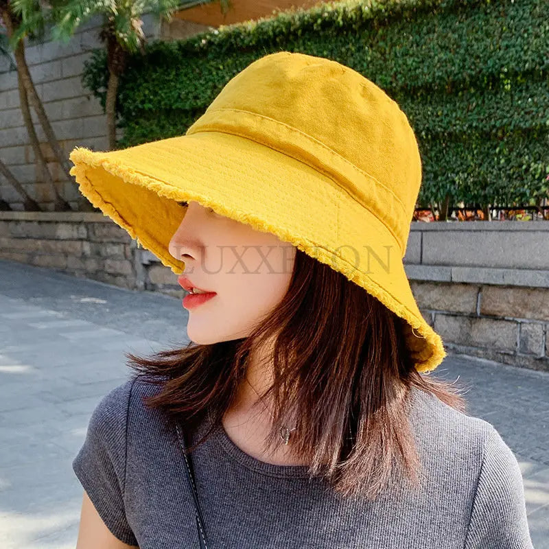 Cotton Dome Top Sun Bucket Hats Solid Panama Women Summer Caps Wide Brim Foldable Outdoor Travel Hat Anti-UV Beach Caps Bonnet