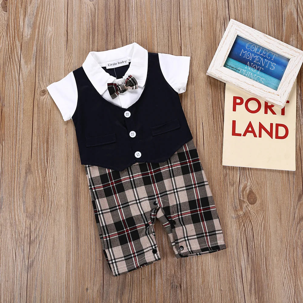 Barboteuse d'été pour nouveau-né, tenue de gentleman pour bébé garçon, combinaison formelle avec nœud papillon, vêtements pour bébé garçon, vêtements pour bébé de 0 à 3 ans