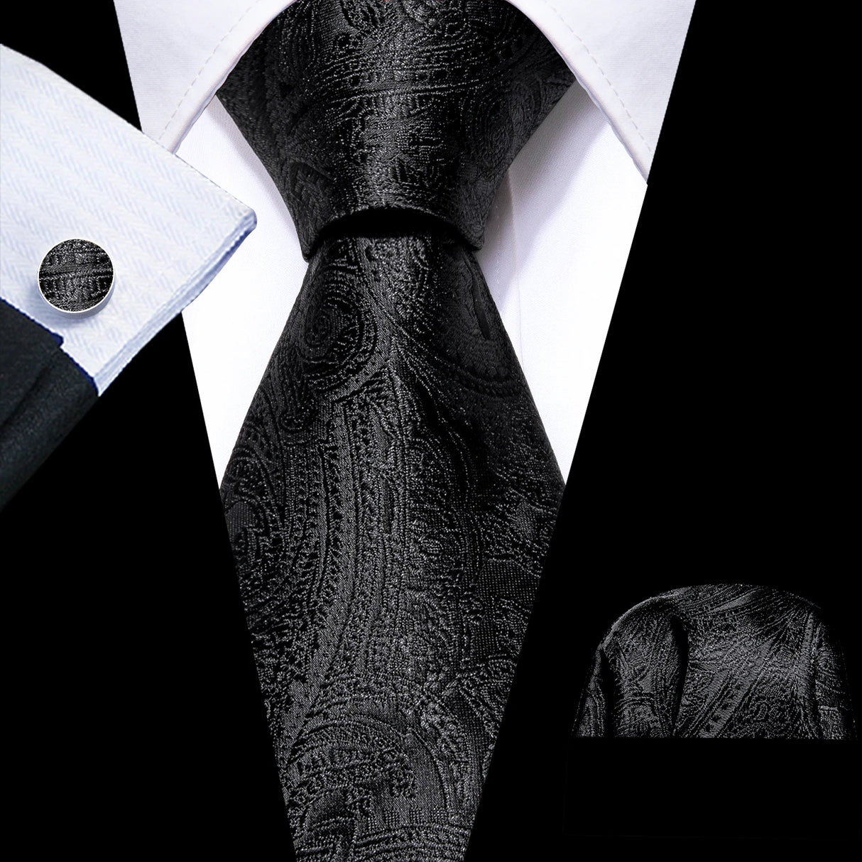 Corbatas de seda negras para hombre, clásicas, lisas, de alta calidad, tejidas, de bolsillo, con gemelos, para fiestas, formales, de diseño Barry.Wang