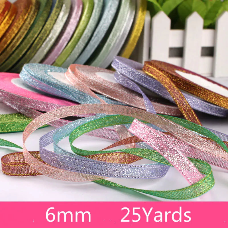Rubans métalliques pailletés dorés et argentés de 6 mm (1/4"), 25 yards, pour bricolage, artisanat, couture, tissu, fête de Noël, mariage, emballage cadeau