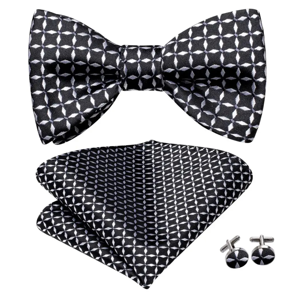 Hi-Tie - Juego de gemelos y pañuelo de seda para hombre, diseño de lazo, en azul, rojo, dorado, negro y blanco, con nudo de mariposa en jacquard para boda y negocios