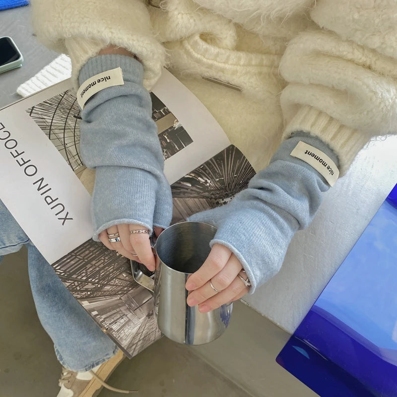 Mitaines tricotées style coréen pour femmes, avec inscription « lettres », sans doigts, style Harajuku, couleur unie