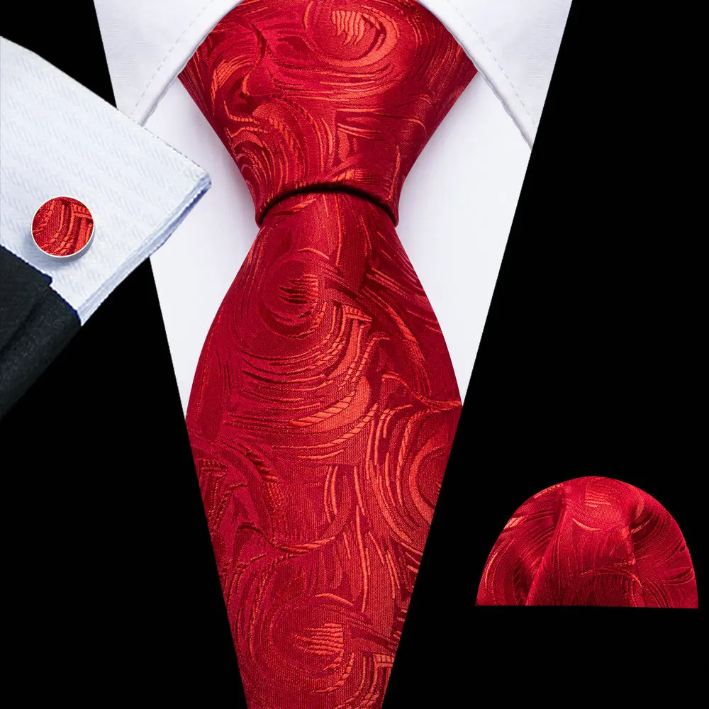 Corbata de boda de seda roja con rayas de tejido jacquard para hombre, juego de corbata, pañuelo y gemelos, Barry.Wang, diseñador de moda FA-5028